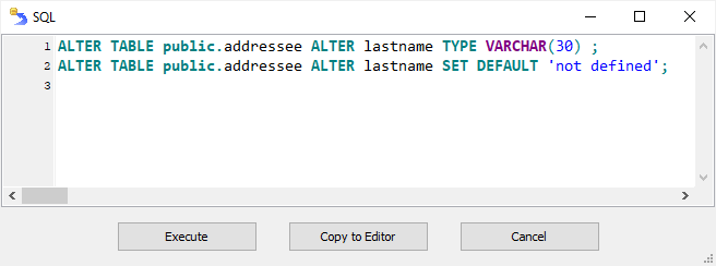 Confirming SQL command for column editing
