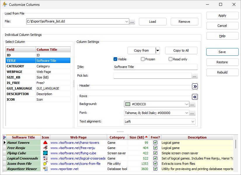 Customizing Columns' Inteface