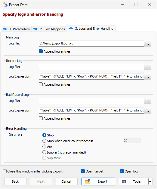 Export Logs and Error Handling