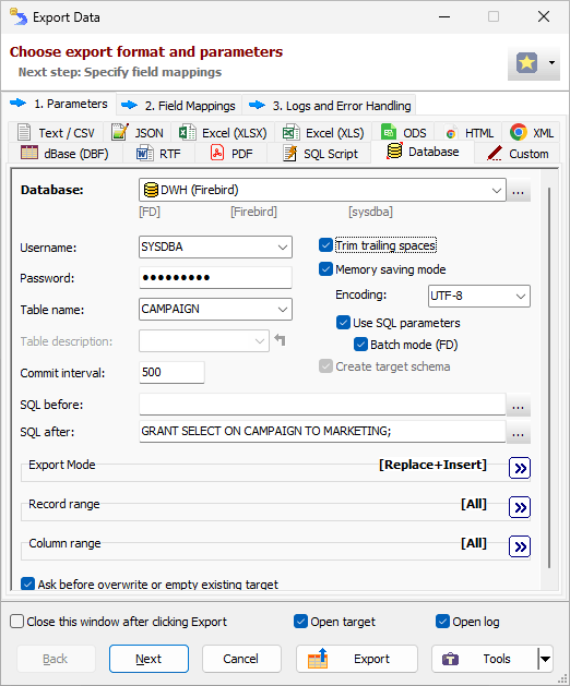 Exporting data to Interbase or Firebird