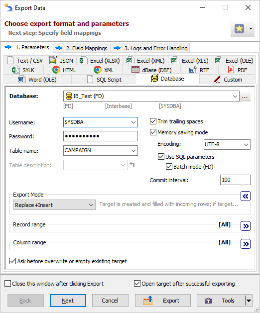 Exporting data to Interbase or Firebird