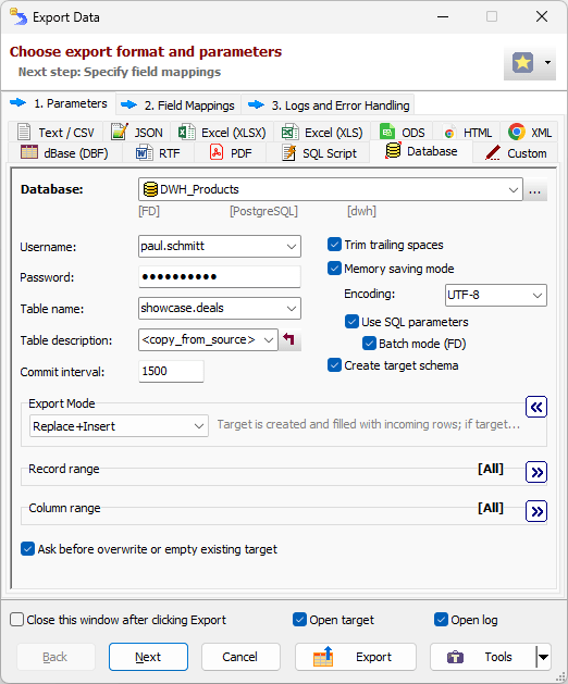 Example of settings when exporting data to PostgreSQL database Exporting Data to PostgreSQL Database