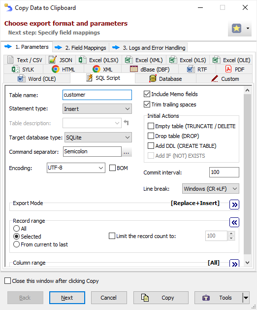 Copy Data to Clipboard as SQL