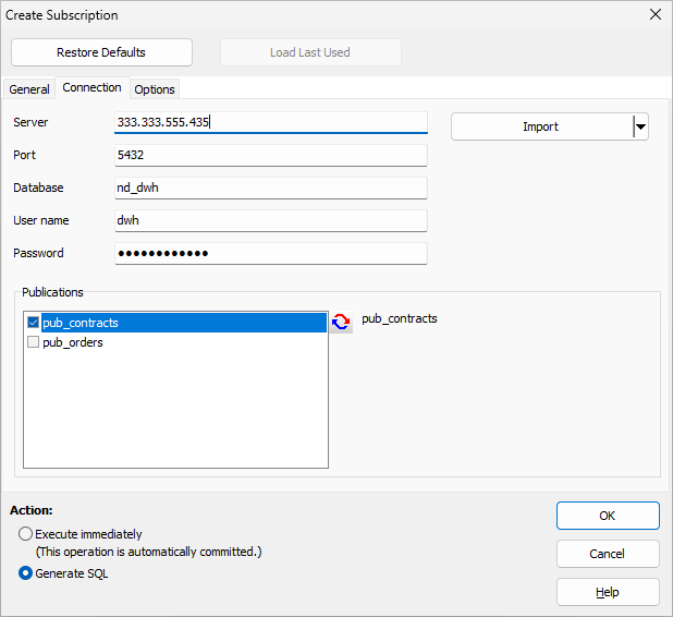 Creating a subscription, specifying connection
